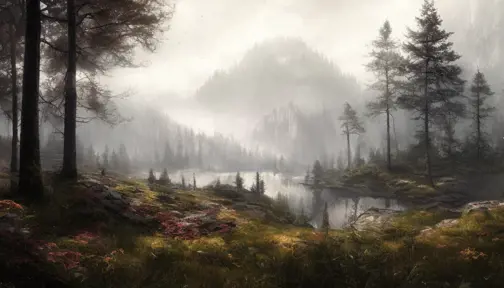 Beautiful misty swedish forest from the view of a mountain, Atmospheric, Highly Detailed, Intricate, Trending on Artstation, Stunning, Realistic, Unreal Engine, Dynamic Lighting, Radiant, Fantasy by Greg Rutkowski