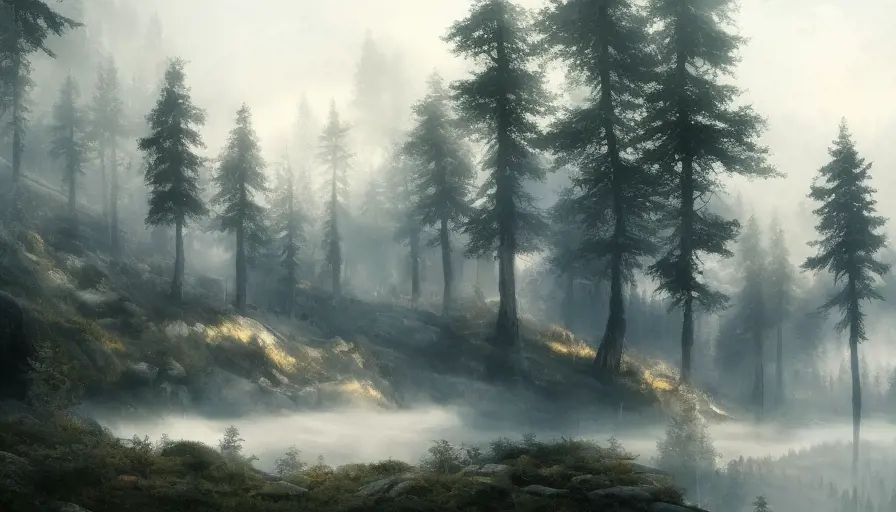 Beautiful misty swedish forest from the view of a mountain, Atmospheric, Highly Detailed, Intricate, Trending on Artstation, Stunning, Realistic, Unreal Engine, Dynamic Lighting, Radiant, Fantasy by Greg Rutkowski