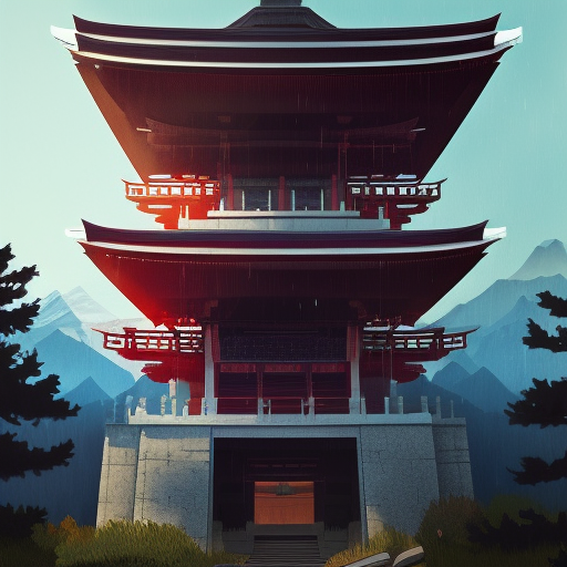 Retrofuturistic portrait of a japanese temple in the style of Firewatch, Atmospheric, Highly Detailed, Intricate, Trending on Artstation, Stunning, Realistic, Unreal Engine, Dynamic Lighting, Radiant, Fantasy by Greg Rutkowski