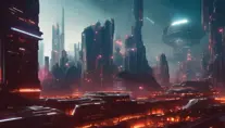 Retrofuturistic city landscape in the style of The Expanse, Atmospheric, Highly Detailed, Intricate, Stunning, Realistic, Octane Render, Unreal Engine, Volumetric Lighting, Concept Art