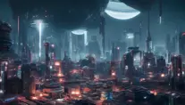Retrofuturistic city landscape in the style of The Expanse, Atmospheric, Highly Detailed, Intricate, Stunning, Realistic, Octane Render, Unreal Engine, Volumetric Lighting, Concept Art