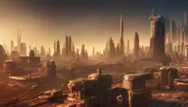 Retrofuturistic city landscape in the style of Beneath a Steel Sky, Atmospheric, Highly Detailed, Intricate, Stunning, Realistic, Octane Render, Unreal Engine, Volumetric Lighting, Concept Art