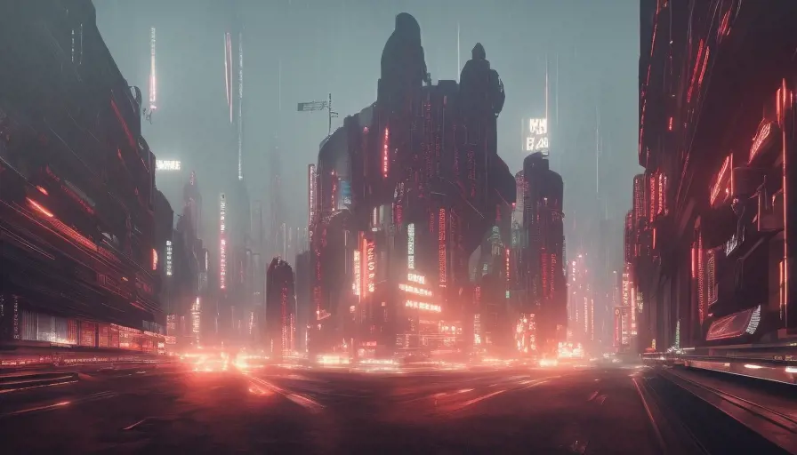 Retrofuturistic city landscape in the style of Blade Runner, Atmospheric, Highly Detailed, Intricate, Stunning, Realistic, Octane Render, Unreal Engine, Volumetric Lighting, Concept Art