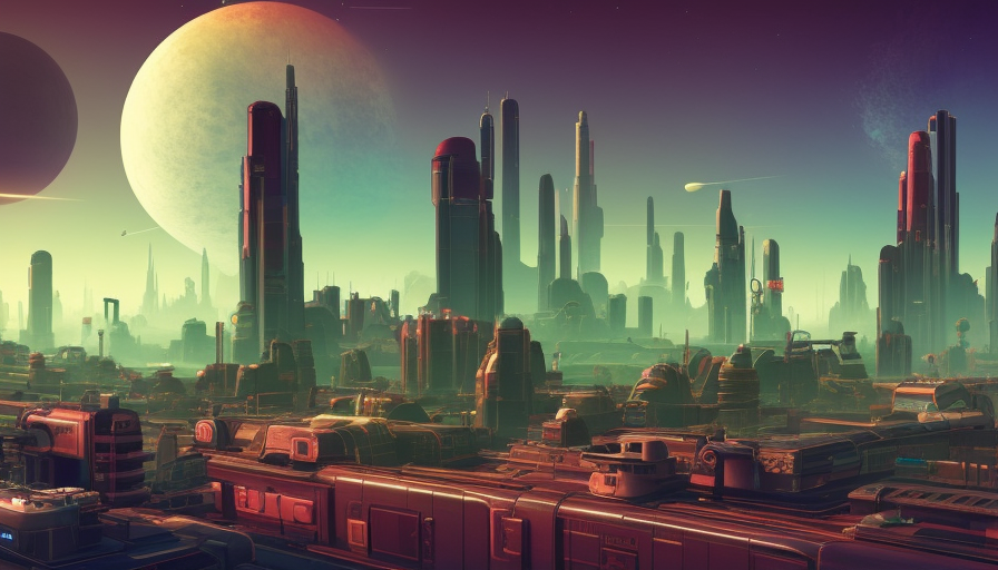 Retrofuturistic city landscape in the style of No Man's Sky, Atmospheric, Highly Detailed, Intricate, Stunning, Realistic, Octane Render, Unreal Engine, Volumetric Lighting, Concept Art