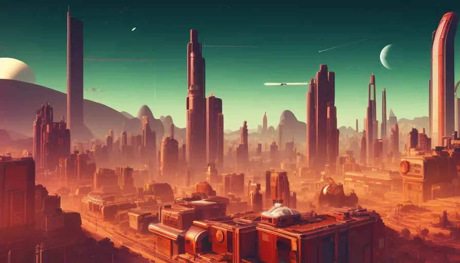 Retrofuturistic city landscape in the style of No Man's Sky, Atmospheric, Highly Detailed, Intricate, Stunning, Realistic, Octane Render, Unreal Engine, Volumetric Lighting, Concept Art