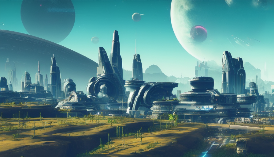 Futuristic city landscape in the style of No Man's Sky, Atmospheric, Highly Detailed, Intricate, Stunning, Realistic, Octane Render, Unreal Engine, Volumetric Lighting, Concept Art