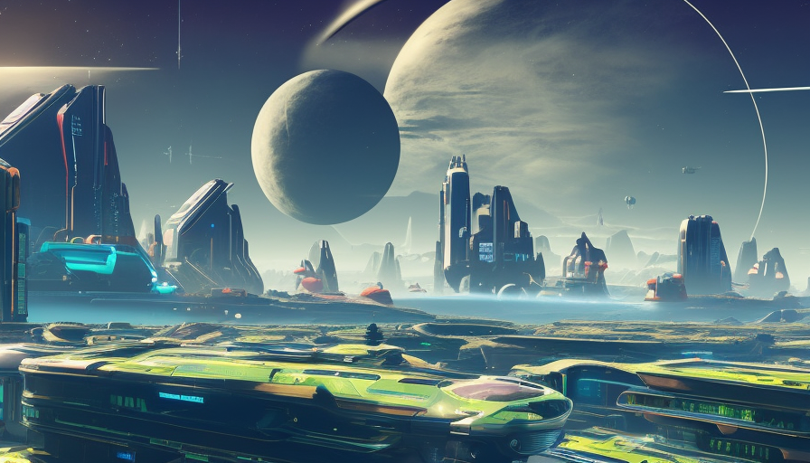 Futuristic city landscape in the style of No Man's Sky, Atmospheric, Highly Detailed, Intricate, Stunning, Realistic, Octane Render, Unreal Engine, Volumetric Lighting, Concept Art