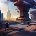 Futuristic city landscape in the style of Beneath a Steel Sky, Atmospheric, Highly Detailed, Intricate, Stunning, Realistic, Octane Render, Unreal Engine, Volumetric Lighting, Concept Art