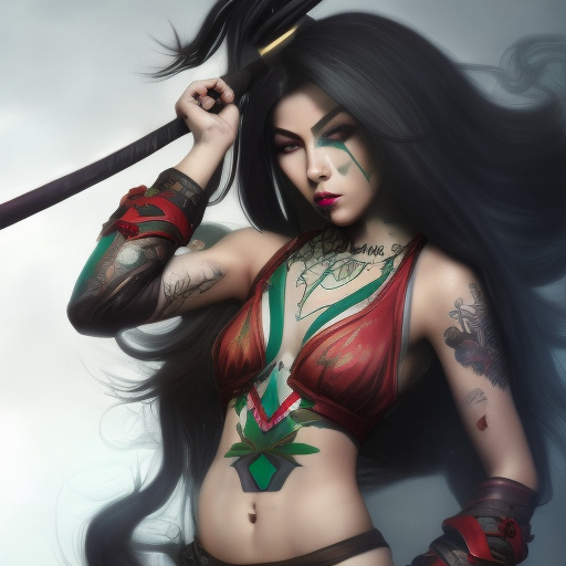 Matte portrait of Akali from League of Legends with tattoos, 8k, Highly Detailed, Powerful, Alluring, Artstation, Magical, Digital Painting, Photo Realistic, Sharp Focus, Volumetric Lighting, Concept Art by Alphonse Mucha