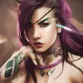 Matte portrait of Akali from League of Legends with tattoos, 8k, Highly Detailed, Powerful, Alluring, Artstation, Magical, Digital Painting, Photo Realistic, Sharp Focus, Volumetric Lighting, Concept Art by Alphonse Mucha