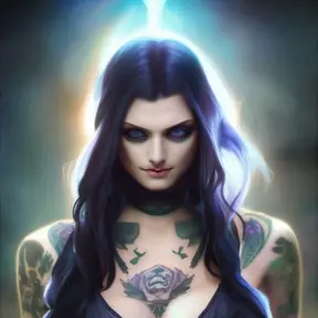 Matte portrait of Morgana from League of Legends with tattoos, 8k, Highly Detailed, Powerful, Alluring, Artstation, Magical, Digital Painting, Photo Realistic, Sharp Focus, Volumetric Lighting, Concept Art by Alphonse Mucha