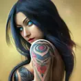 Matte portrait of Irelia from League of Legends with tattoos, 8k, Highly Detailed, Powerful, Alluring, Artstation, Magical, Digital Painting, Photo Realistic, Sharp Focus, Volumetric Lighting, Concept Art by Alphonse Mucha
