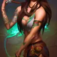 Matte portrait of Nidalee from League of Legends with tattoos, 8k, Highly Detailed, Powerful, Alluring, Artstation, Magical, Digital Painting, Photo Realistic, Sharp Focus, Volumetric Lighting, Concept Art by Alphonse Mucha