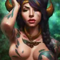 Matte portrait of Nidalee from League of Legends with tattoos, 8k, Highly Detailed, Powerful, Alluring, Artstation, Magical, Digital Painting, Photo Realistic, Sharp Focus, Volumetric Lighting, Concept Art by Alphonse Mucha