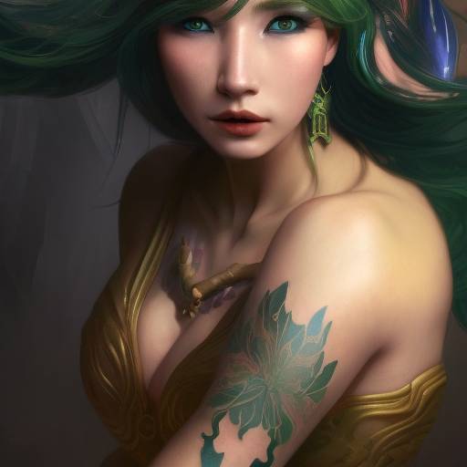 Matte portrait of Cassiopeia from League of Legends with tattoos, 8k, Highly Detailed, Powerful, Alluring, Artstation, Magical, Digital Painting, Photo Realistic, Sharp Focus, Volumetric Lighting, Concept Art by Stanley Artgerm Lau, Alphonse Mucha, Greg Rutkowski