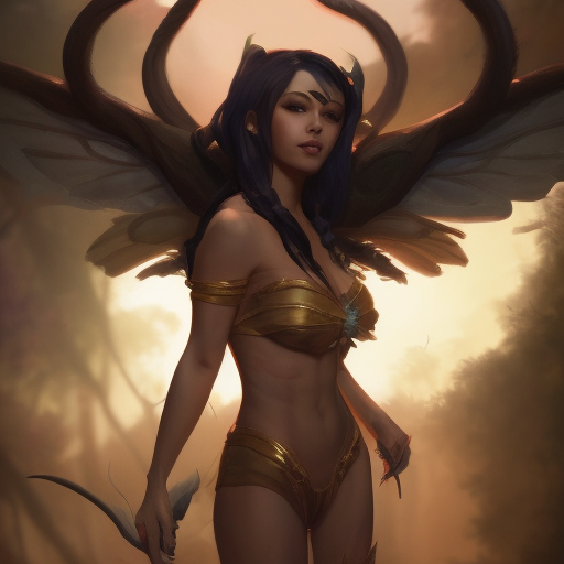 Matte portrait of Nidalee from League of Legends with wings, 8k, Highly Detailed, Powerful, Alluring, Artstation, Magical, Digital Painting, Photo Realistic, Sharp Focus, Volumetric Lighting, Concept Art by Stanley Artgerm Lau, Alphonse Mucha, Greg Rutkowski