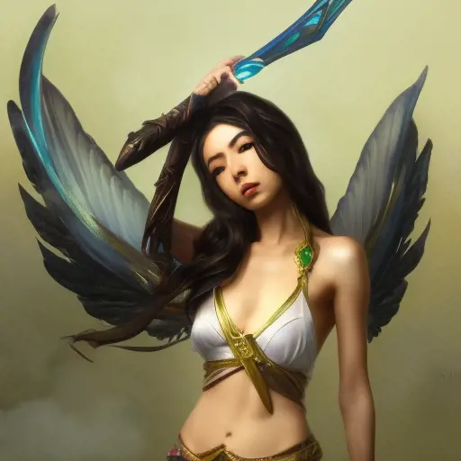 Matte portrait of Akali from League of Legends with wings, 8k, Highly Detailed, Powerful, Alluring, Artstation, Magical, Digital Painting, Photo Realistic, Sharp Focus, Volumetric Lighting, Concept Art by Stanley Artgerm Lau, Alphonse Mucha, Greg Rutkowski