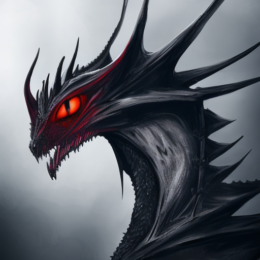 Head of a black dragon with red eyes, 4k resolution, 8k, HDR, High Resolution, Ultra Detailed, Closeup of Face, Gothic and Fantasy, Gothic, Horns, Large Eyes, Soft Details, Strong Jaw, Digital Illustration