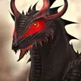 Portrait of a black dragon with red eyes, 4k resolution, 8k, HDR, High Resolution, Ultra Detailed, Closeup of Face, Gothic and Fantasy, Gothic, Horns, Large Eyes, Soft Details, Strong Jaw, Digital Illustration