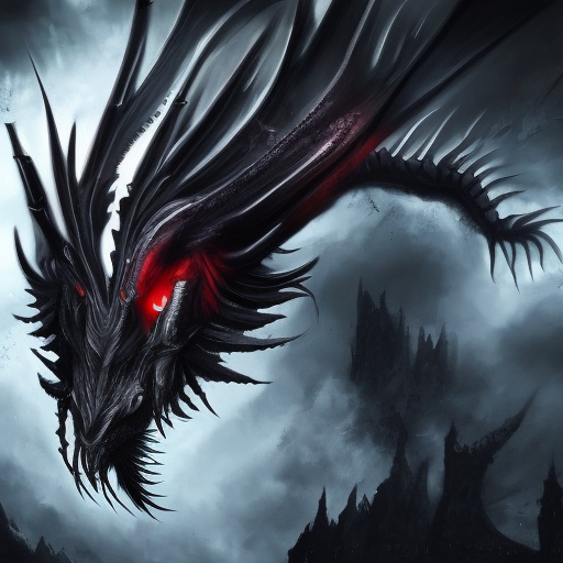 a black dragon with red eyes, 4k resolution, 8k, HDR, High Definition, High Resolution, Highly Detailed, Hyper Detailed, Ultra Detailed, Closeup of Face, Gothic and Fantasy, Gothic, Horns, Large Eyes, Soft Details, Strong Jaw, Digital Illustration