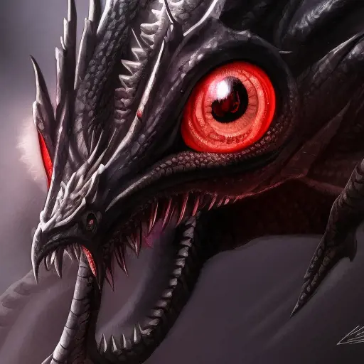 a black dragon with red eyes in 2d, 4k resolution, 8k, HDR, High Definition, High Resolution, Highly Detailed, Hyper Detailed, Ultra Detailed, Closeup of Face, Gothic, Large Eyes, Soft Details, Digital Illustration