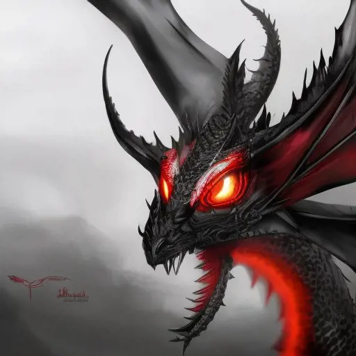 a black dragon with red eyes in 2d, 4k resolution, 8k, HDR, High Definition, High Resolution, Highly Detailed, Hyper Detailed, Ultra Detailed, Closeup of Face, Gothic and Fantasy, Gothic, Horns, Large Eyes, Soft Details, Strong Jaw, Digital Illustration
