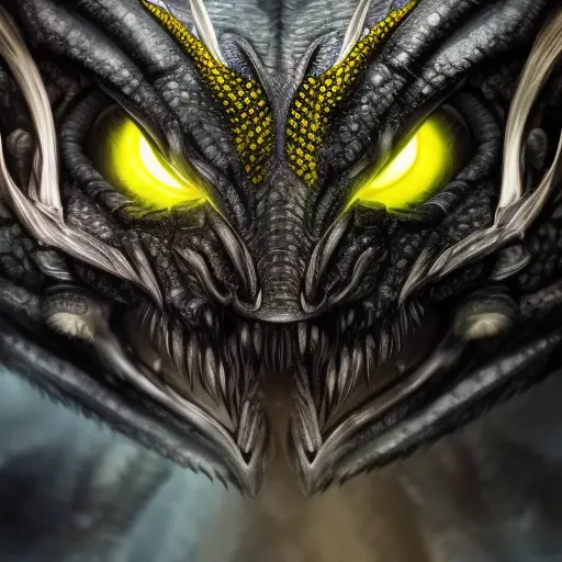 a black dragon with  yellow eyes, 4k resolution, 8k, HDR, High Definition, High Resolution, Highly Detailed, Hyper Detailed, Ultra Detailed, Closeup of Face, Sci-Fi, Soft Details, Digital Illustration