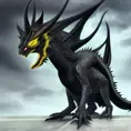 a black dragon with  yellow eyes, 4k, HD, High Definition, Highly Detailed, Horns, Small Eyes, Soft Details, Realism, Muscular