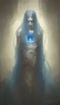 Matte portrait of a blue ghost from Elden Ring, 4k, Highly Detailed, Hyper Detailed, Powerful, Artstation, Vintage Illustration, Digital Painting, Sharp Focus, Smooth, Concept Art by Stanley Artgerm Lau, Alphonse Mucha, Greg Rutkowski