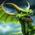 a green dragon with  yellow eyes, 4k, HD, High Definition, Highly Detailed, Horns, Soft Details, Thunder Clouds, Realism, Muscular