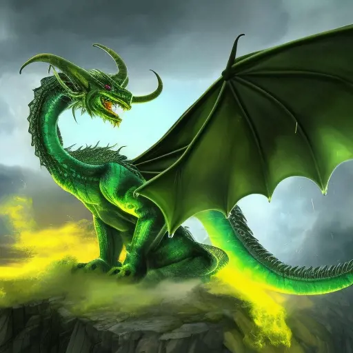 a green dragon with  yellow eyes, 4k, HD, High Definition, Highly Detailed, Horns, Soft Details, Thunder Clouds, Realism, Muscular