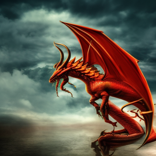 a red dragon with  yellow eyes, 4k, HD, High Definition, Highly Detailed, Horns, Soft Details, Thunder Clouds, Realism, Muscular
