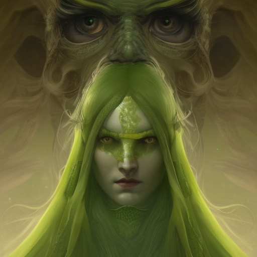 Alluring Matte portrait of a green ghost from Elden Ring, 4k, Highly Detailed, Hyper Detailed, Digital Painting, Sharp Focus, Smooth by Alphonse Mucha