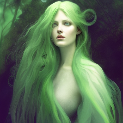 Alluring Matte portrait of a green female ghost from Elden Ring, 4k, Highly Detailed, Digital Painting, Sharp Focus, Smooth, Volumetric Lighting by Alphonse Mucha
