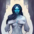 Alluring Matte portrait of a blue female ghost from Elden Ring, 4k, Highly Detailed, Digital Painting, Sharp Focus, Smooth, Volumetric Lighting by Alphonse Mucha