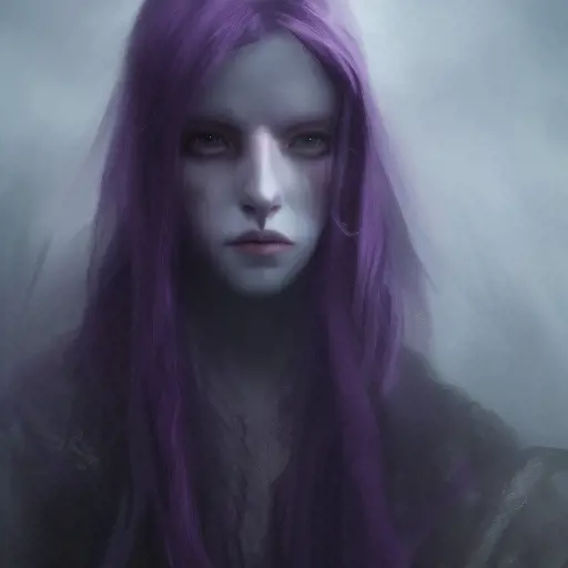 Alluring Matte portrait of a purple female ghost from Elden Ring, 4k, Highly Detailed, Gothic and Fantasy, Digital Painting, Sharp Focus, Smooth, Volumetric Lighting