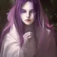 Alluring Matte portrait of a purple female ghost from Elden Ring, 4k, Highly Detailed, Gothic and Fantasy, Digital Painting, Sharp Focus, Smooth, Volumetric Lighting by Alphonse Mucha