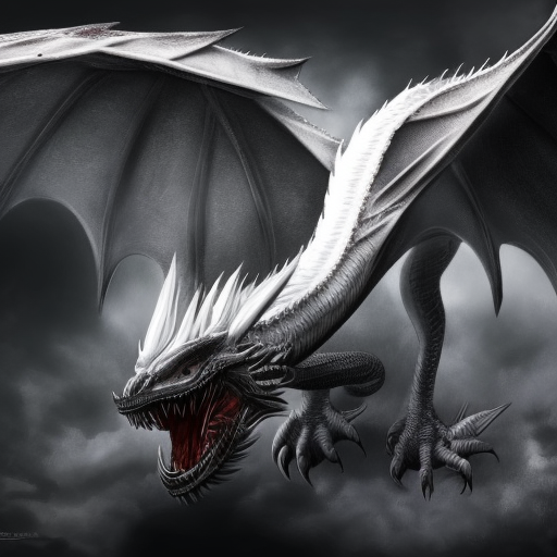 a whitr dragon with  black eyes, 4k, HD, High Definition, Highly Detailed, Soft Details, Wings, Realistic, Realism, Dreadful, Muscular