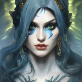 Matte portrait of Morgana from League of Legends with tattoos, 8k, Highly Detailed, Powerful, Alluring, Artstation, Magical, Digital Painting, Photo Realistic, Sharp Focus, Volumetric Lighting, Concept Art by Stanley Artgerm Lau, Alphonse Mucha, Greg Rutkowski