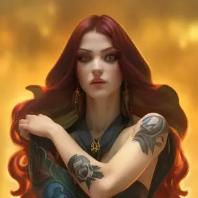 Matte portrait of Morgana from League of Legends with tattoos, 8k, Highly Detailed, Powerful, Alluring, Artstation, Magical, Digital Painting, Photo Realistic, Sharp Focus, Volumetric Lighting, Concept Art by Stanley Artgerm Lau, Alphonse Mucha, Greg Rutkowski