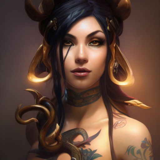 Matte portrait of Nidalee from League of Legends with tattoos, 8k, Highly Detailed, Powerful, Alluring, Artstation, Magical, Digital Painting, Photo Realistic, Sharp Focus, Volumetric Lighting, Concept Art by Stanley Artgerm Lau, Alphonse Mucha, Greg Rutkowski