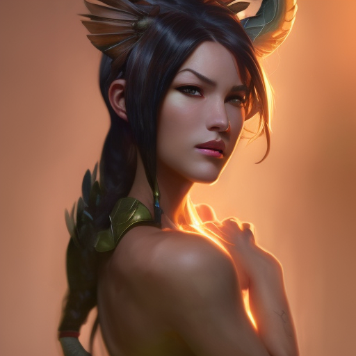 Matte portrait of Nidalee from League of Legends with tattoos, 8k, Highly Detailed, Powerful, Alluring, Artstation, Magical, Digital Painting, Photo Realistic, Sharp Focus, Volumetric Lighting, Concept Art by Stanley Artgerm Lau, Alphonse Mucha, Greg Rutkowski