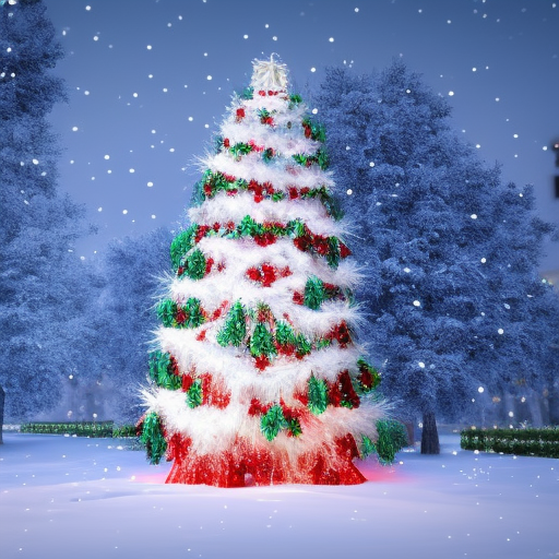 A large christamas tree in snow lit full of christmas decorations, 8k, Highly Detailed, Digital Painting, Photo Realistic, Sharp Focus, Octane Render, Unreal Engine, Volumetric Lighting