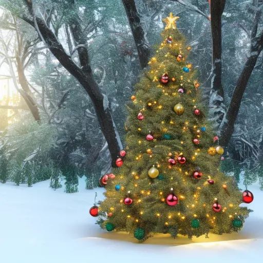 A large green christamas tree in snow surrounded by presents and christmas decorations, 8k, Highly Detailed, Digital Painting, Photo Realistic, Sharp Focus, Octane Render, Unreal Engine, Volumetric Lighting