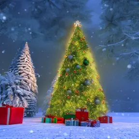 A large green christamas tree in snow surrounded by presents and christmas decorations, 8k, Highly Detailed, Digital Painting, Photo Realistic, Sharp Focus, Octane Render, Unreal Engine, Volumetric Lighting