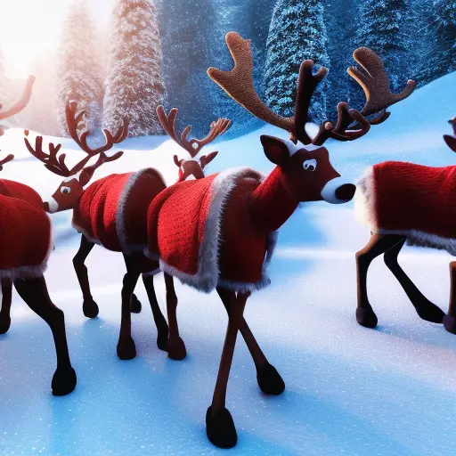 Closeup of Santa Claus's xmas reindeers in winters snow, 8k, Highly Detailed, Magical, Photo Realistic, Sharp Focus, Octane Render, Unreal Engine, Volumetric Lighting