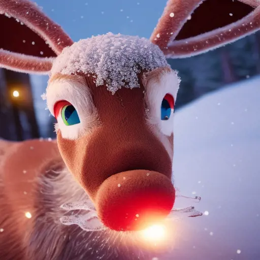 Closeup of Rudolph the red nosed reindeer in winter, 8k, Highly Detailed, Magical, Photo Realistic, Sharp Focus, Octane Render, Unreal Engine, Volumetric Lighting by Stanley Artgerm Lau