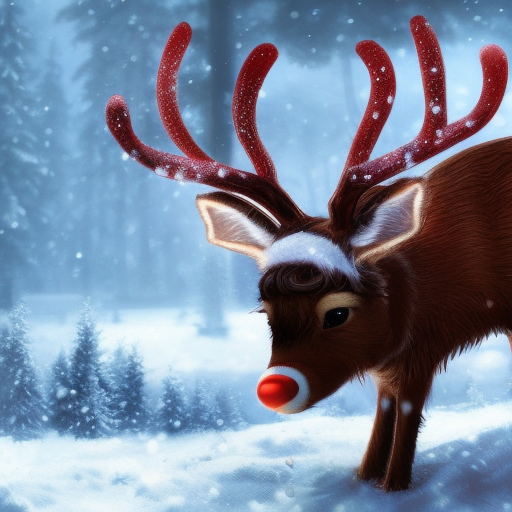 Matte portrait of Rudolph the red nosed reindeer in winter, 8k, Highly Detailed, Magical, Photo Realistic, Sharp Focus, Volumetric Lighting by Stanley Artgerm Lau, Alphonse Mucha, Greg Rutkowski