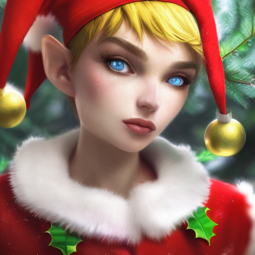 Closeup portrait of a beautiful Christmas Elf, 8k, Highly Detailed, Alluring, Photo Realistic, Sharp Focus, Volumetric Lighting by Stanley Artgerm Lau