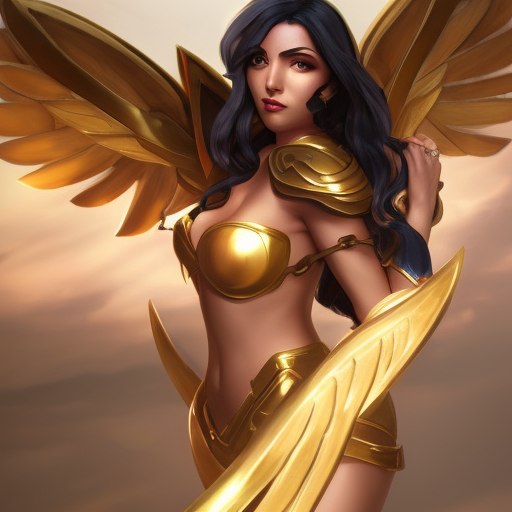 Alluring matte portrait of Sivir from League of Legends with wings, 8k, Highly Detailed, Artstation, Photo Realistic, Sharp Focus, Volumetric Lighting, Concept Art, Fantasy by Stanley Artgerm Lau, Alphonse Mucha